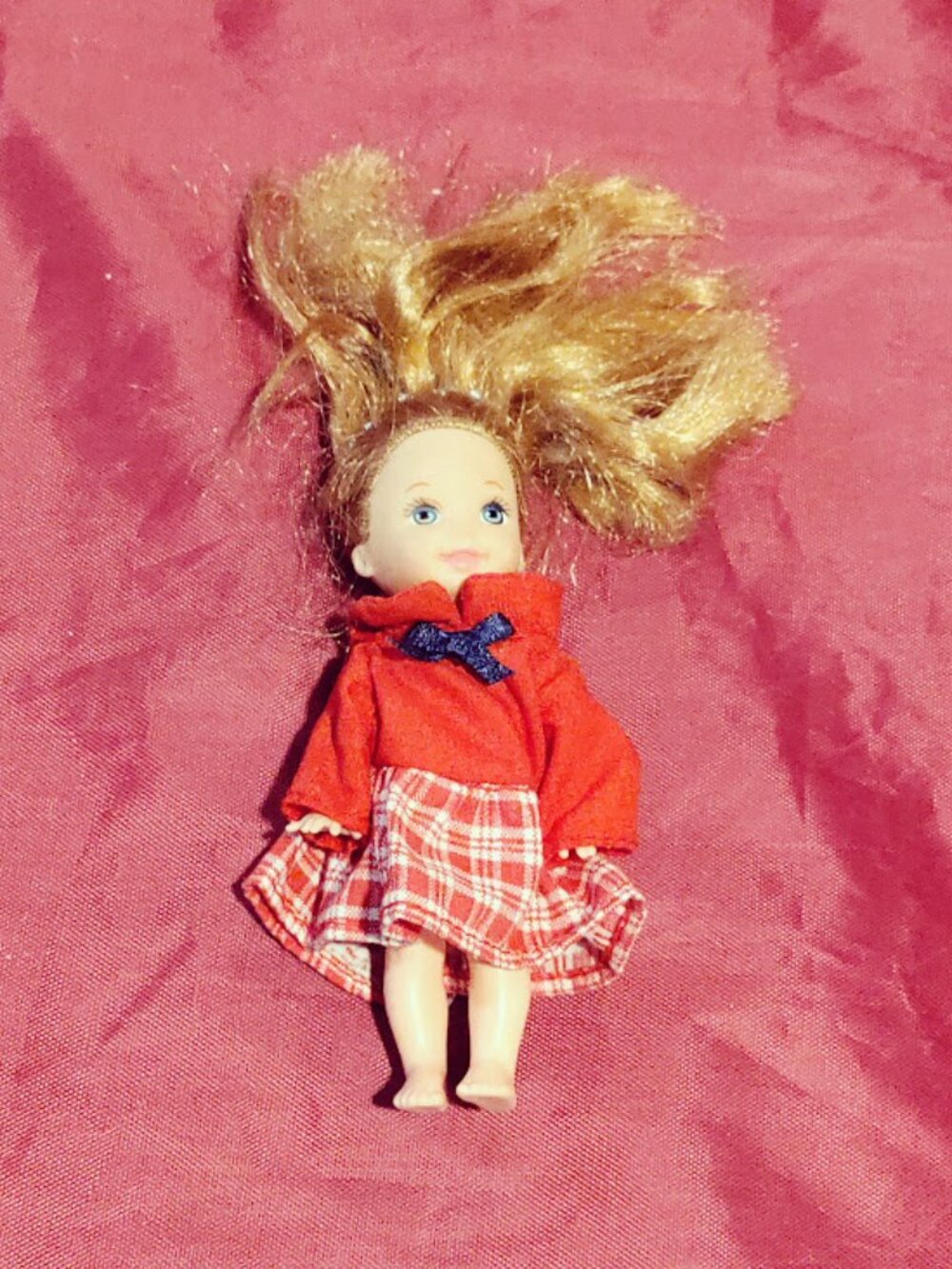 Small Blonde Mini Doll Red Plaid Outfit
